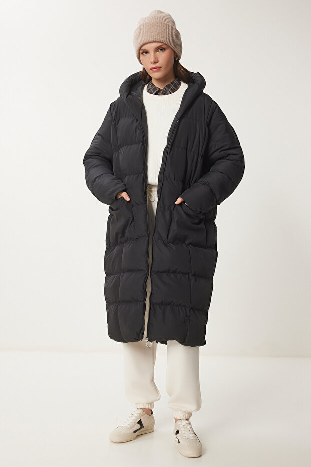 Hooded Oversize Long Puffer Coat Black Lnt0001