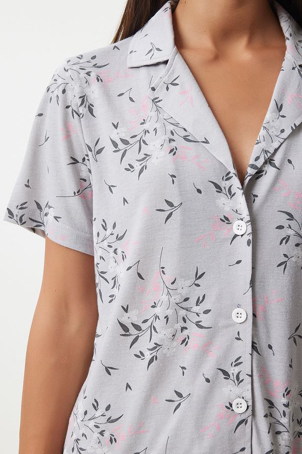 Desenli Viskon Şort Gömlek Pijama Takımı GRİ LEC0001 - 3