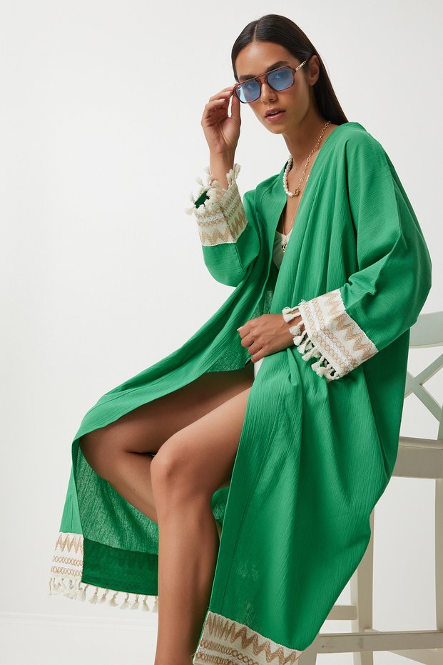 Green Long Linen Kimono - Tassel and Guipure Detailed Loh0001