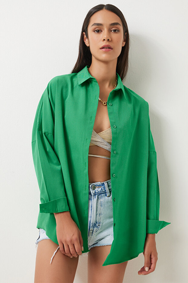 Oversize Basic Gömlek CANLI YEŞİL LDD0003 - 3