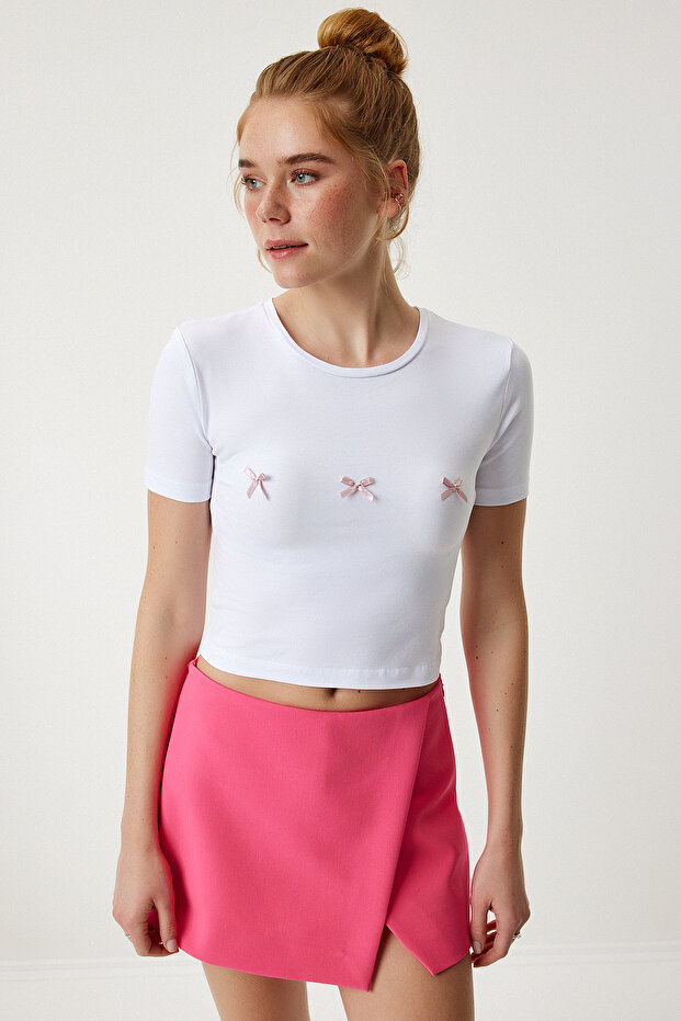 Bow Detailed Crop Knitted T-Shirt White Lmc0005