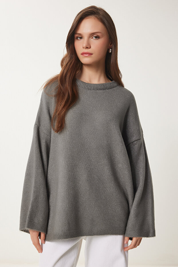 Oversize Basic Triko Kazak GRİ LKB0002 - 3