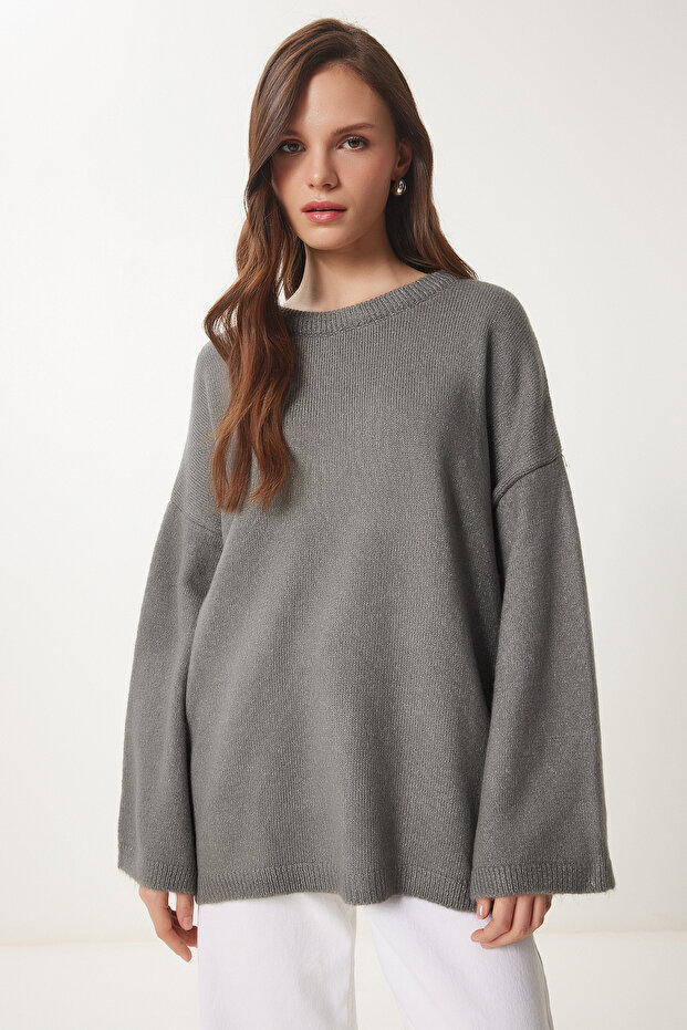 Oversize Basic Triko Kazak GRİ LKB0002 - 1