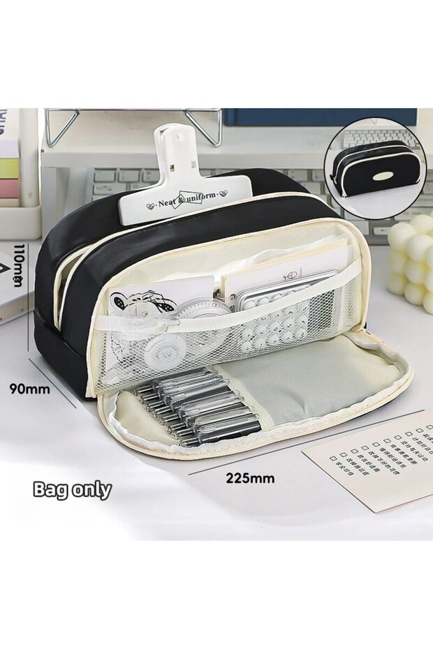 Black Stylish And Practical Pencil Bag With Large Capacity And Multiple Sections For Stationery Stor