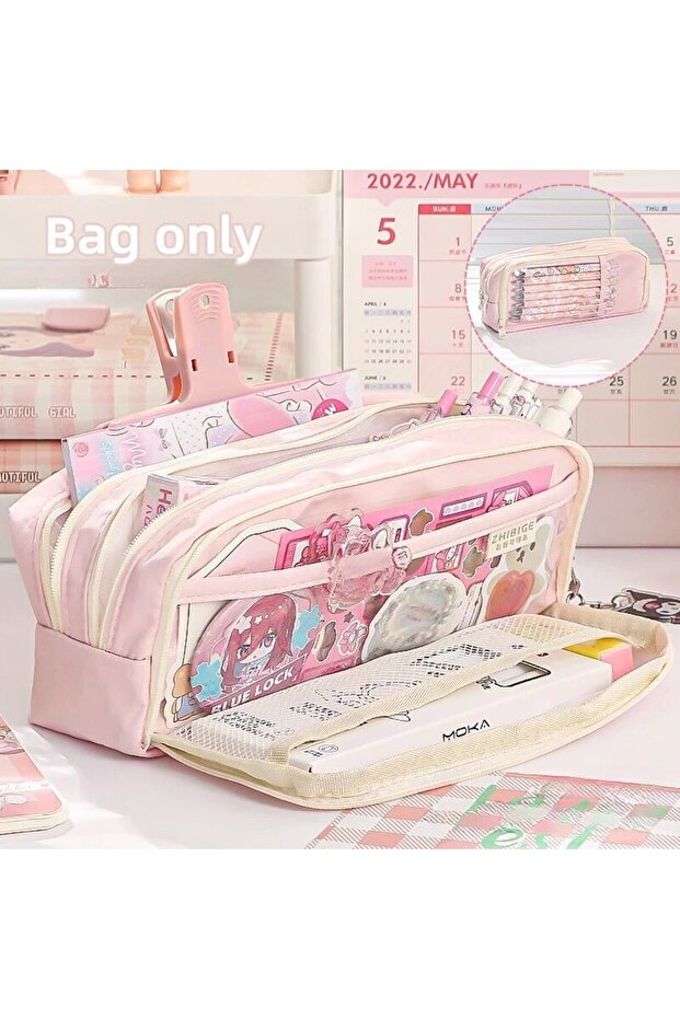 Pink 5-Layer Transparent Pencil Pouch with Large Capacity and Lightweight Design School Supplies Pen