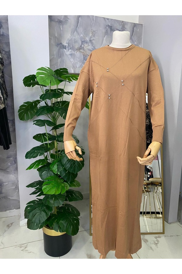 Taş Detaylı Merserize Elbise - 1