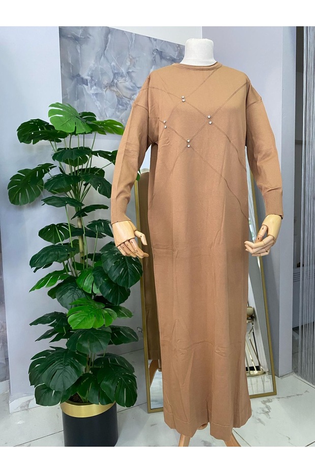 Taş Detaylı Merserize Elbise - 2