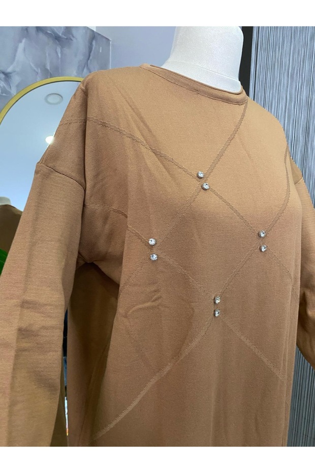 Taş Detaylı Merserize Elbise - 5