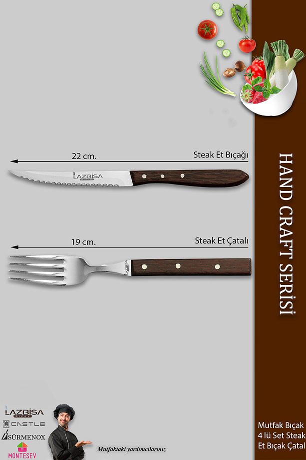 Hand Caft Serisi Steak Et Yemek Kahvaltı Çatalı 4 Lü Set Mutfak Bıçak Seti ( Mtf-063 ) - 2
