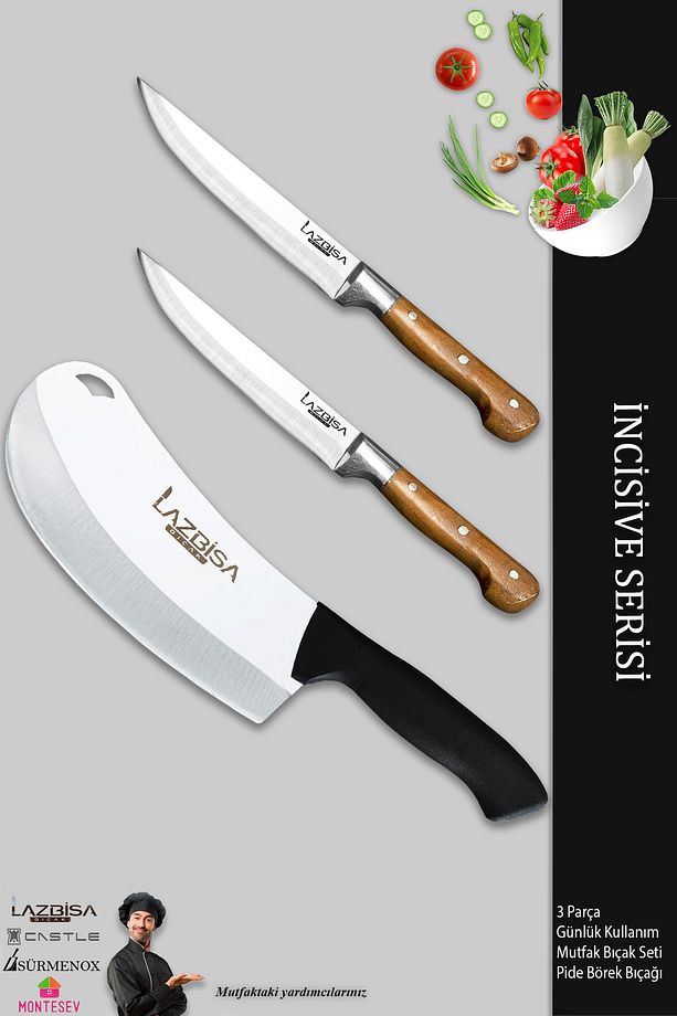 İncisive Serisi Mutfak Bıçak Seti Et Ekmek Sebze Pizza Pide Salata Bıçağı 3 Lü Set ( Mtf-457) - 1
