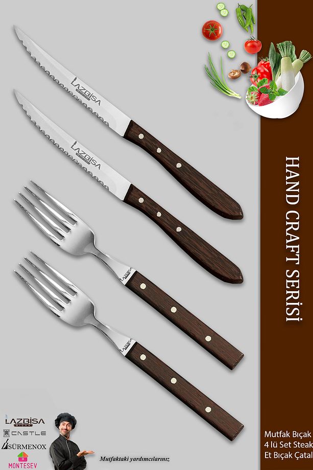 Hand Caft Serisi Steak Et Yemek Kahvaltı Çatalı 4 Lü Set Mutfak Bıçak Seti ( Mtf-063 ) - 1