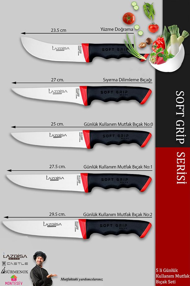 Soft Grip Mutfak Bıçak Seti Et Ekmek Sebze Bıçağı 5 Li Set Günlük Kullanım ( Mtf-784 ) - 2
