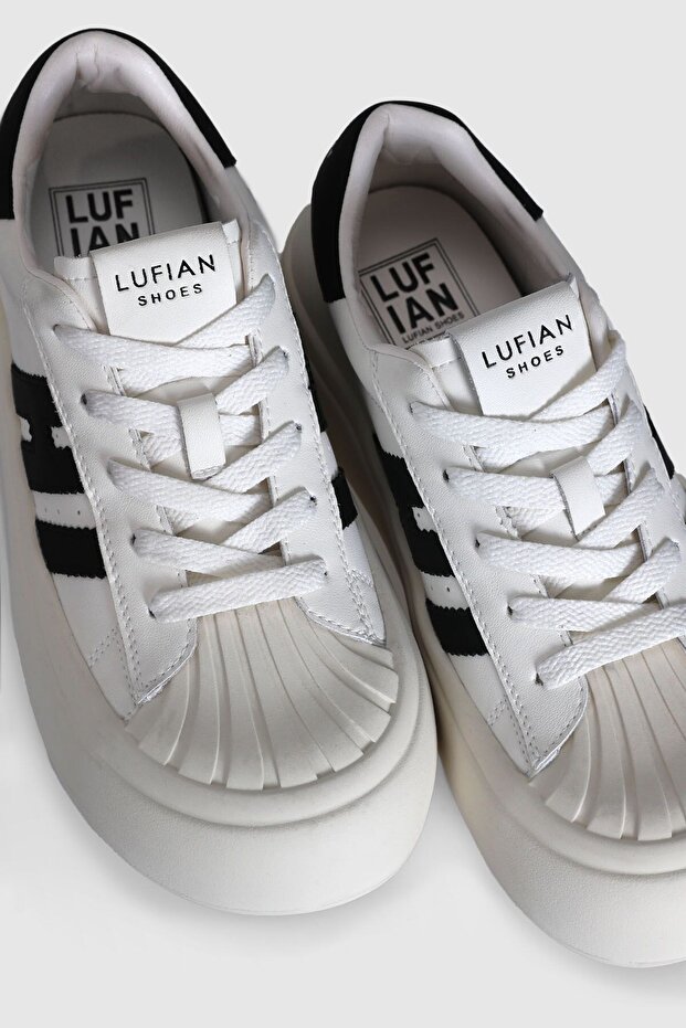 Genuine Leather Lace-Up High Sole Women's Sneaker Shoes White