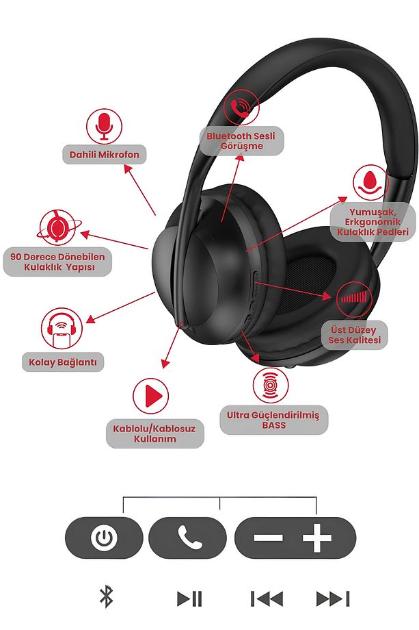 Kulaküstü Bluetooth Kulaklık Mikrofonlu İos Android Uyumlu Kablolu Kablosuz Kulak Üstü Kulaklik - 6