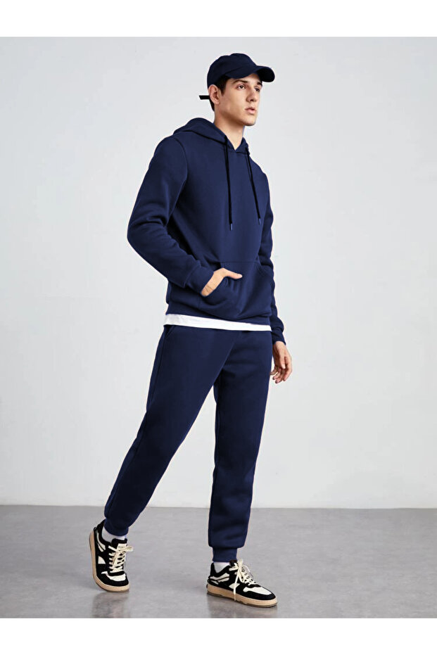 Men's Basic Plain Oversize 3 Thread Raised Tracksuit Suit - 2