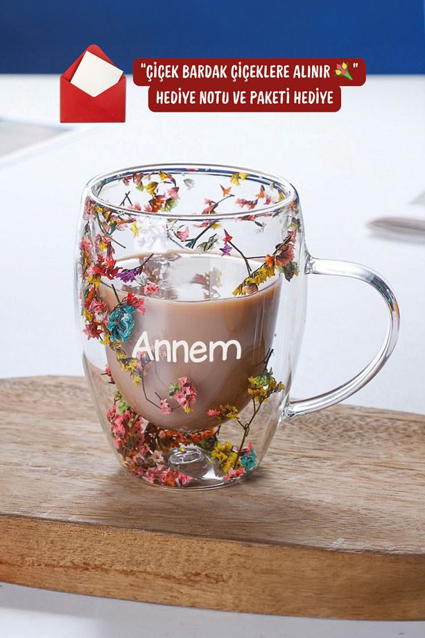 Annem Baskılı Çiçek Bardak Isıya Dayanıklı Çift Çidarlı Çiçekli Bardak - Cam Bardak - 2