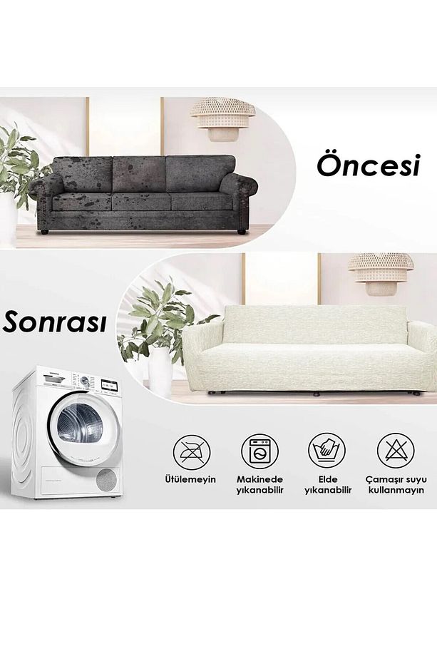 Jakarlı Düz Desen 3 3 1 1 Lastikli Koltuk Örtüsü Takımı Kanepe Çekyat Örtüsü Koltuk Kılıfı - 5
