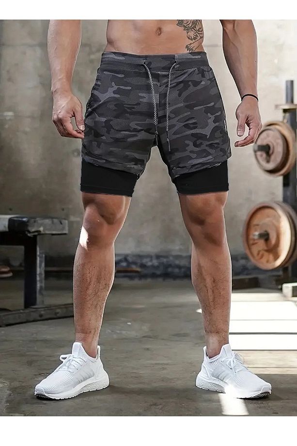 Kamuflaj desen Sporcu Şortu, Alt Siyah Tayt Görünümlü Çok Cepli Taytlı Spor Şortu - 1