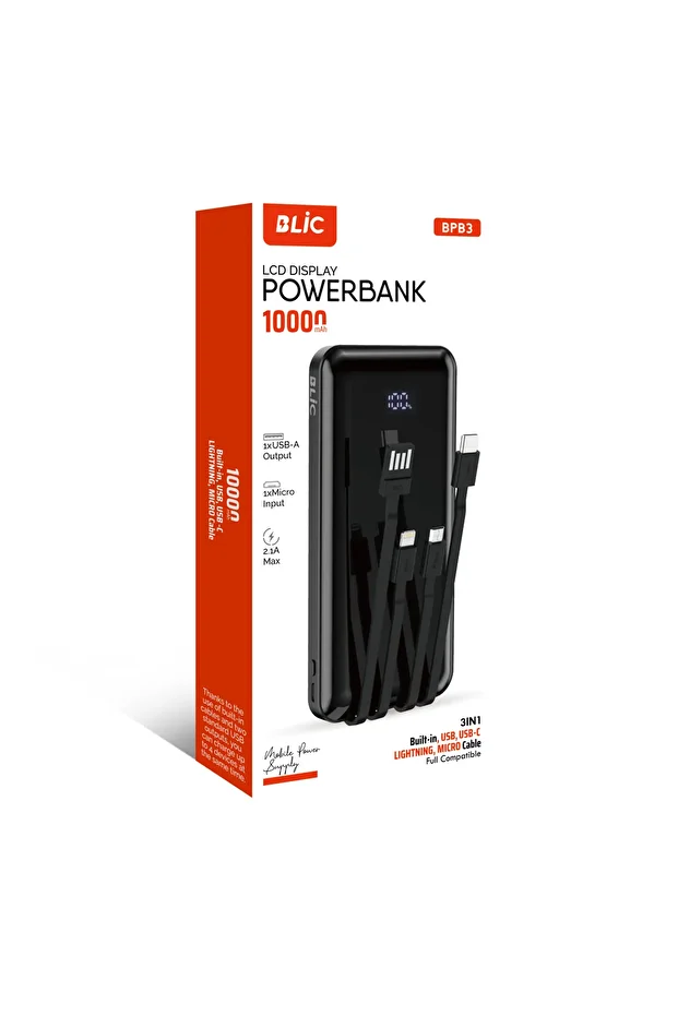 Dijital Göstergeli 10000 Mah Powerbank Lightning-Type C-USB-Micro USB Dahili Kablolu Powerbank - 1
