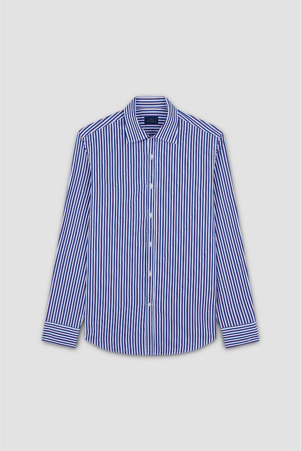 Erkek Regular Fit Çizgi Desenli Uzun Kollu Mavi Gömlek 25413032CF-V91 - 5