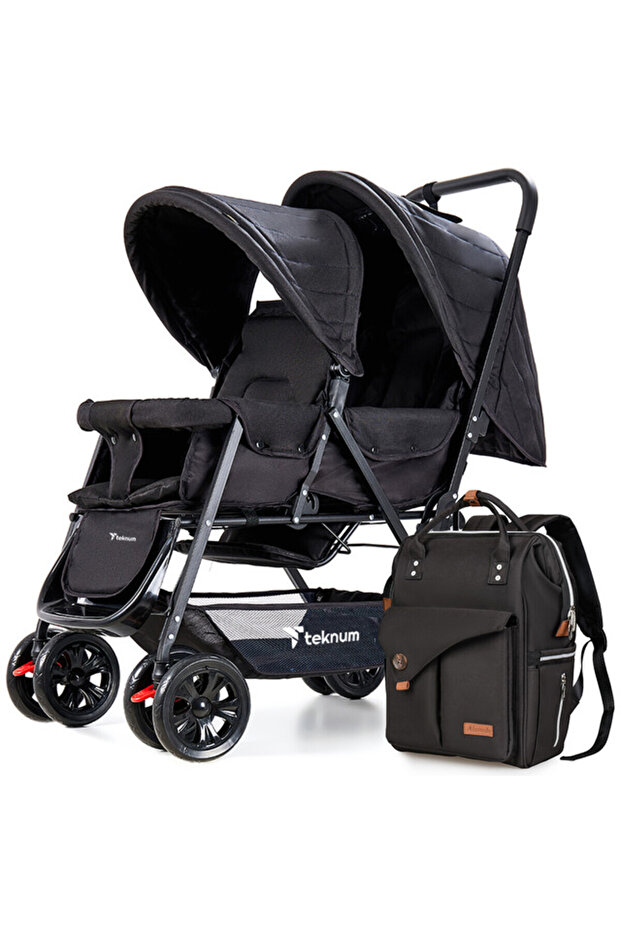 عربة أطفال مزدوجة - لون أسود - 1