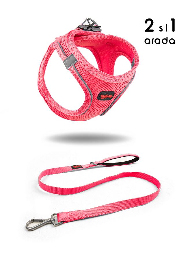 Kedi Köpek Air-Mesh Göğüs Tasması ve Gezdirme Sevk Kayışı Seti 2Sİ1 ARADA Neon Pembe - 1