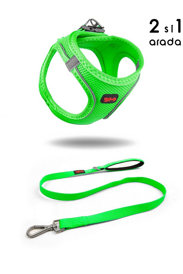 Kedi Köpek Air-Mesh Göğüs Tasması ve Gezdirme Sevk Kayışı Seti 2Sİ1 ARADA Neon Yeşil - 1