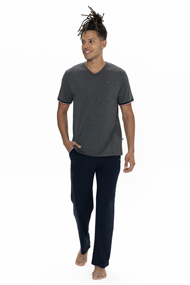 Us Polo Men's Large Size Pajama Suit, V-Neck Button with Pocket Detail