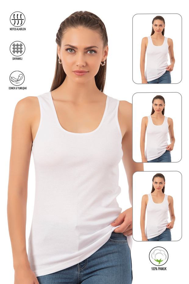 Özkan 0111 Pack of 3 Women's 100% Cotton Ribbed Flexible Comfortable Ribbed Thick Strap Knitted Undershirt