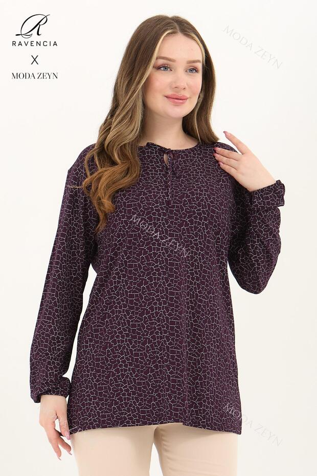 Women's Purple-White Plus Size Broken Glass Patterned Slit Lycra Mother Combed Cotton Blouse