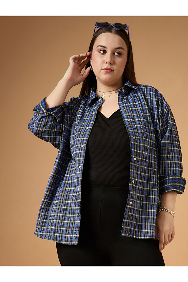 Plus Size Flannel Checked Regular Fit Buttoned Shacket - 1