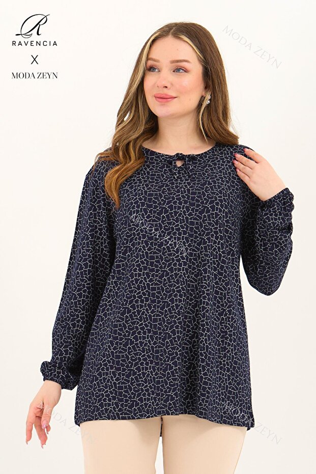 Women's Middle Age and Above Broken Glass Pattern Lycra Blue-White Mother Combed Cotton Blouse