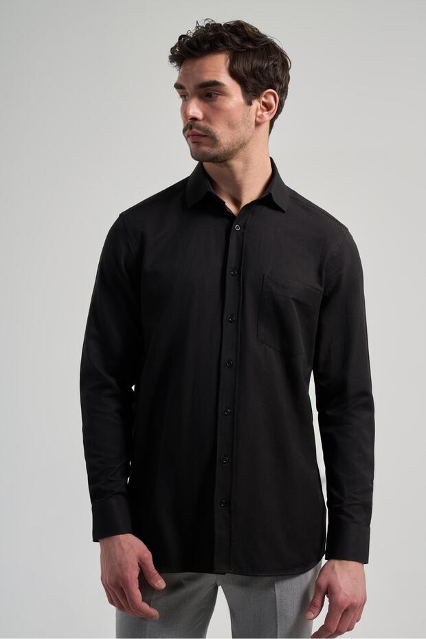 Black Hard Neck Plain Classic Cotton Comfort Fit Shirt 1004250213
