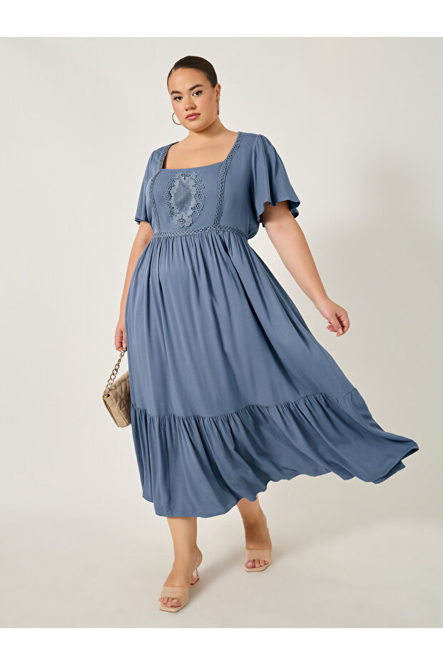 Plus Size Embroidered Square Neck A-Line Maxi Dress