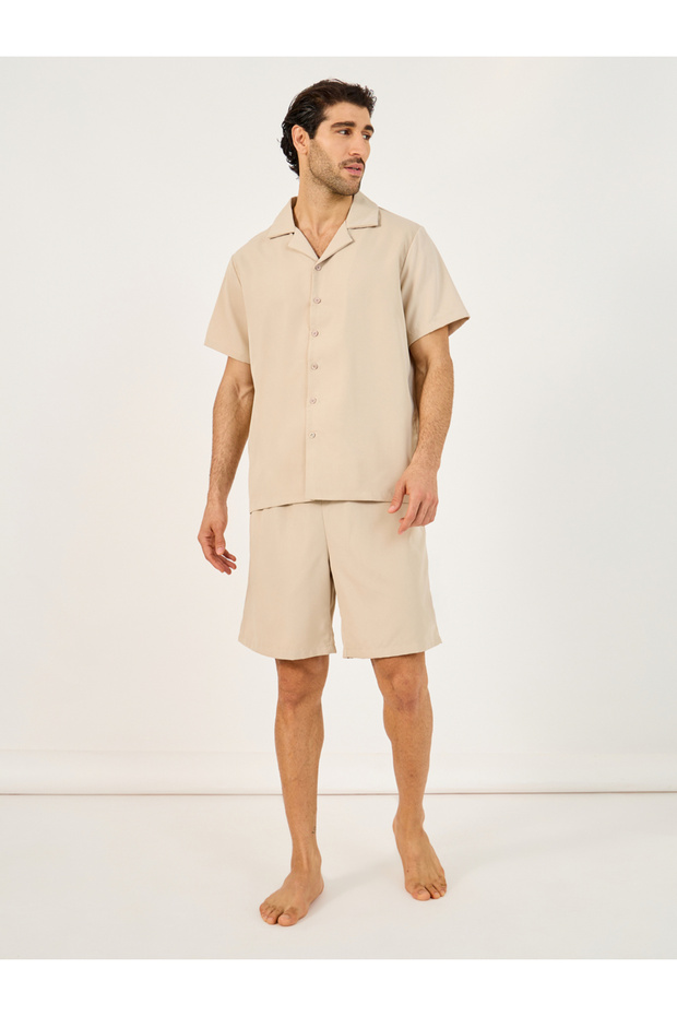 Solid Woven Short Sleeve Collared Shirt and Shorts Set