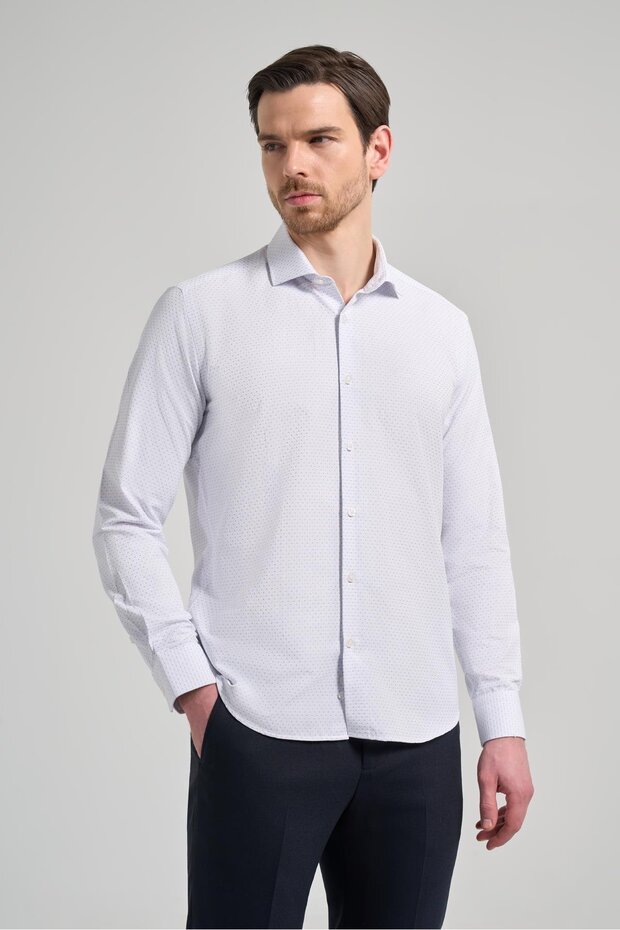 Men's Long Sleeve Patterned Italian Collar Cotton Slim Fit Shirt 1004250196