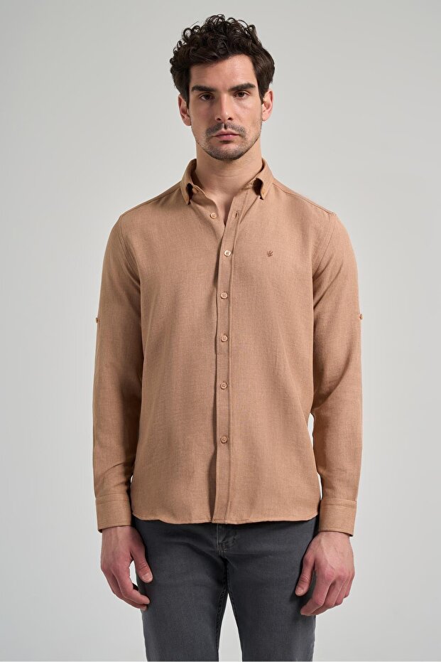 Men's Camel Collar Slim Fit Shirt with Shortable Cufflinks 1004250124_595