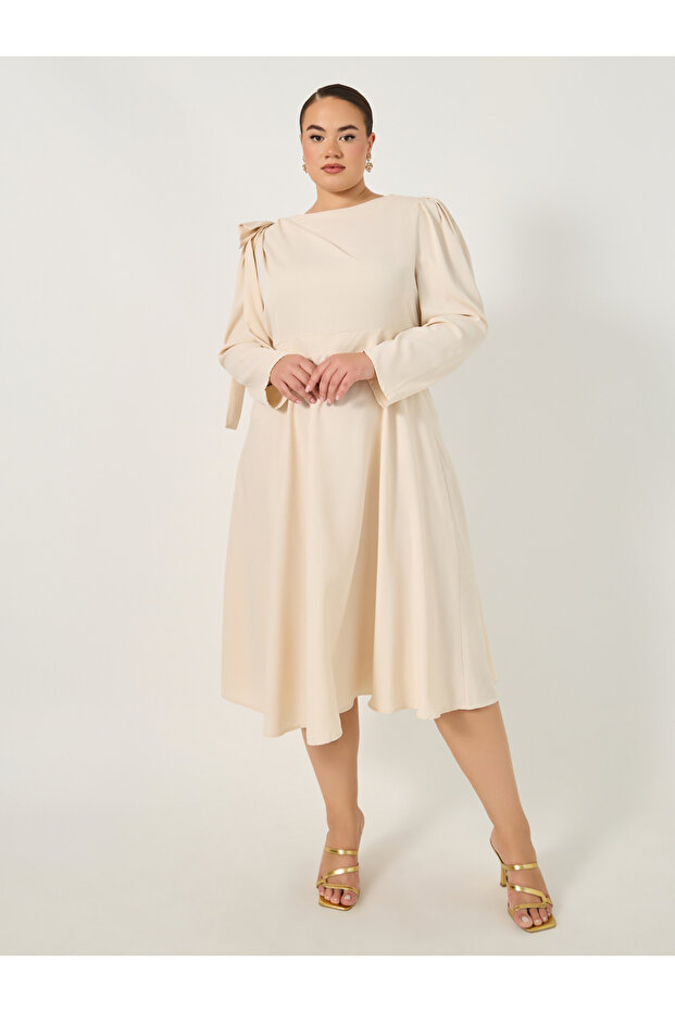 Plus Cream Midi Dress with Shoulder Bow Detail