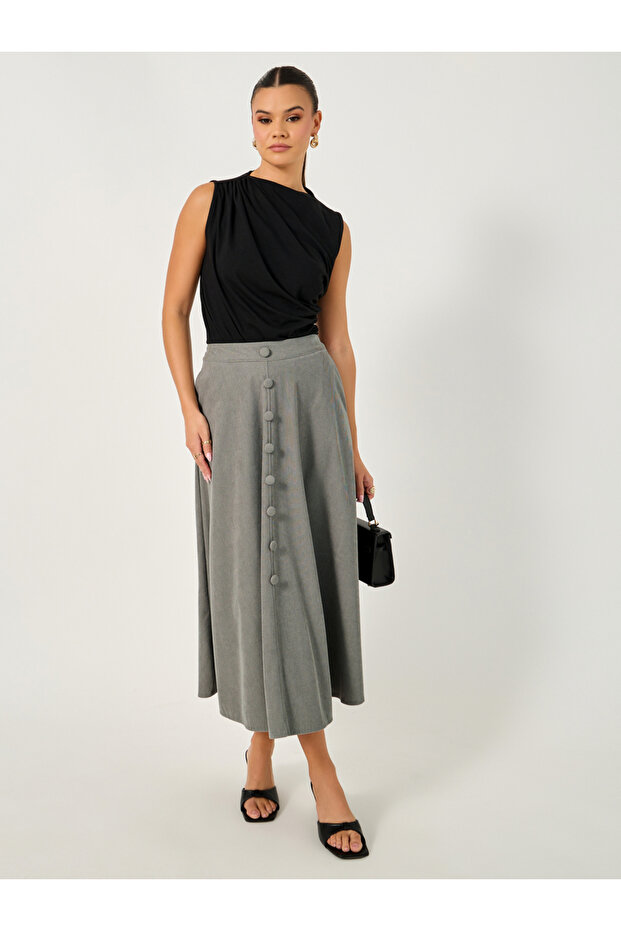 Corduroy Flared Midi Skirt with Button Detail