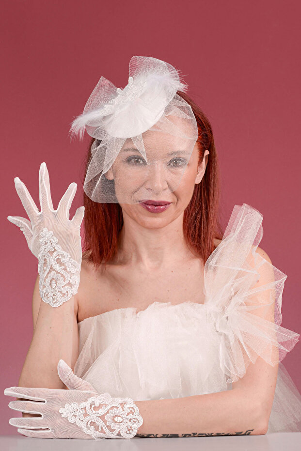 Off-White Lace Bridal Cap Wedding Hat and French Triangle Lace Bridal Gloves Combo Set