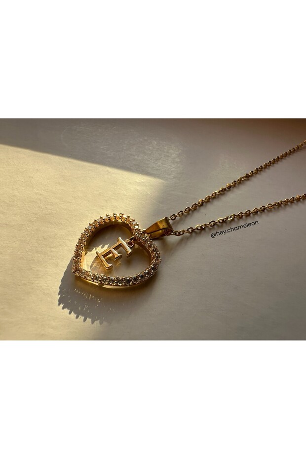 Taşlı Kalp "E" Harf Çelik Kolye - 2