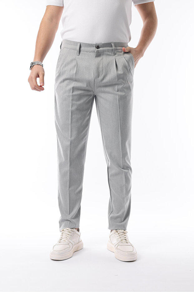 Men's Pleated Winter Trousers Stretch Fabric Fabric Light Gray - Slim Fit & Regular Waist