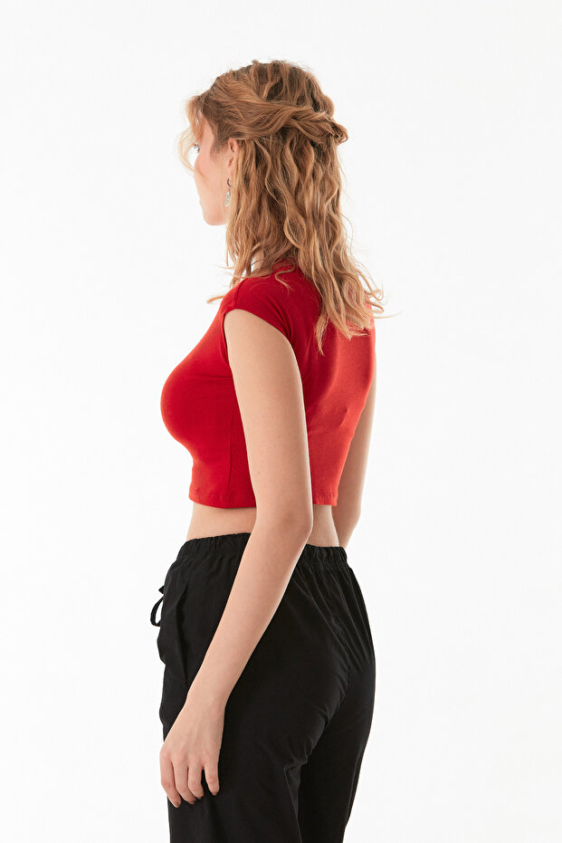 Basic Bisiklet Yaka Crop Tişört - 4