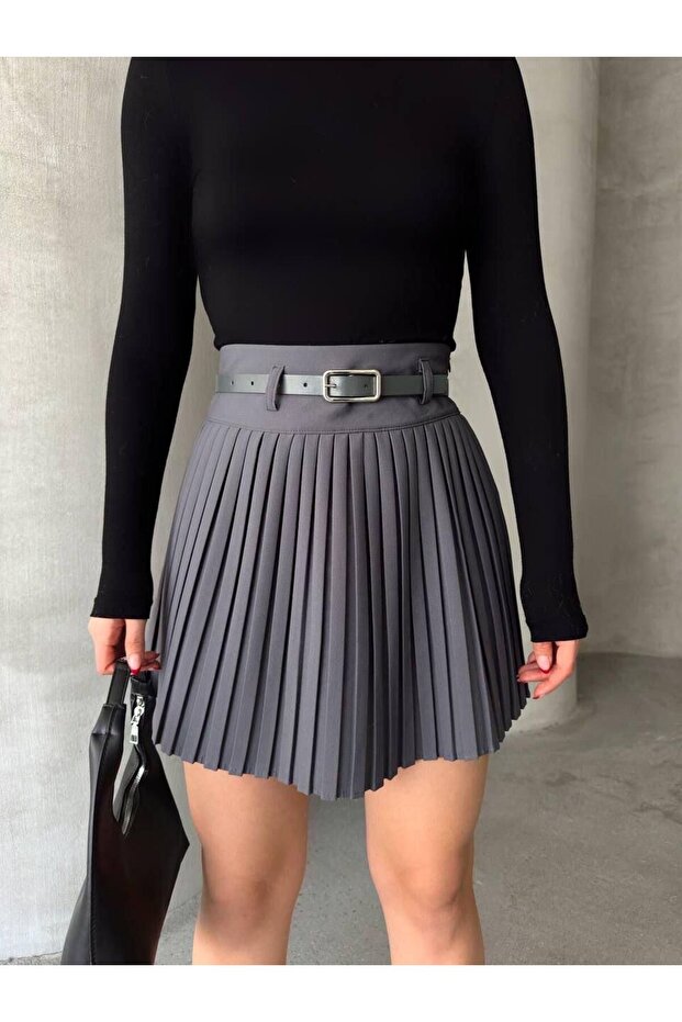 Pileli Şort Etek-M  - GRİ - 4