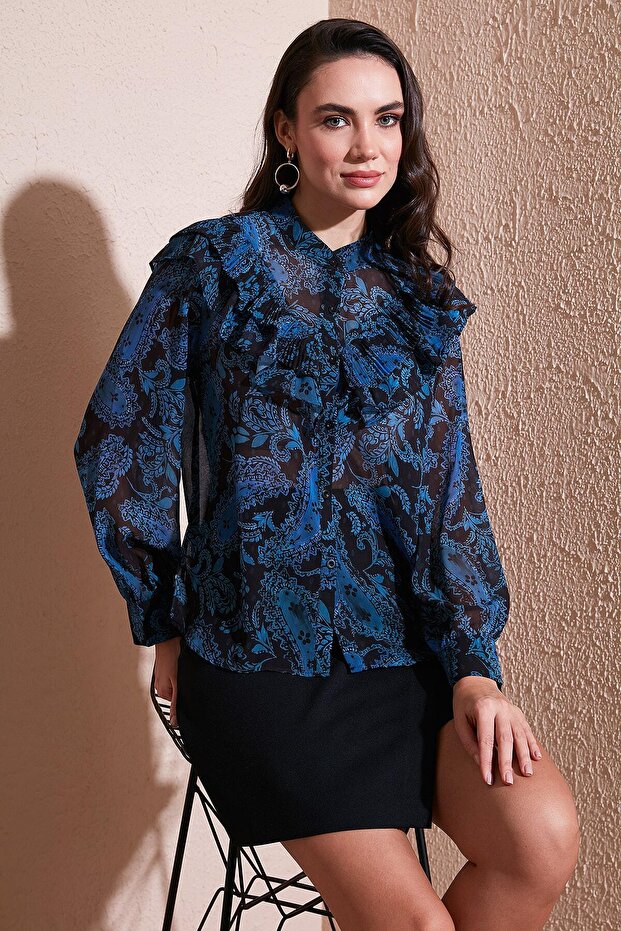 Patterned Standard Fit Hakim Collar Chiffon Shirt Shirt 611Go00334