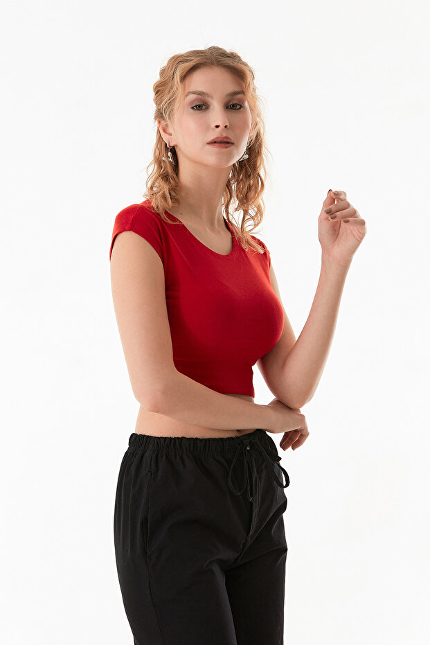 Basic Bisiklet Yaka Crop Tişört - 5