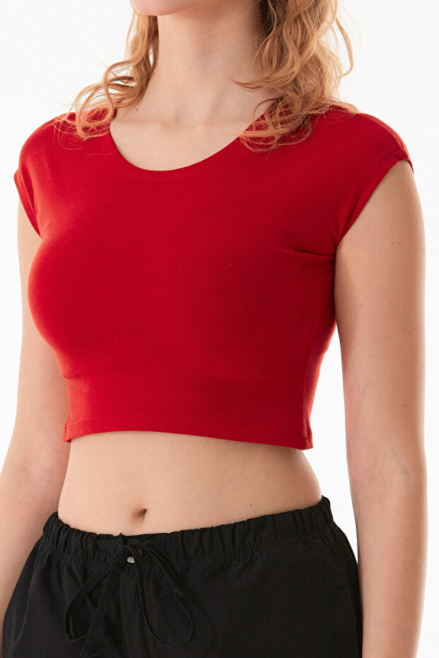 Basic Bisiklet Yaka Crop Tişört - 7