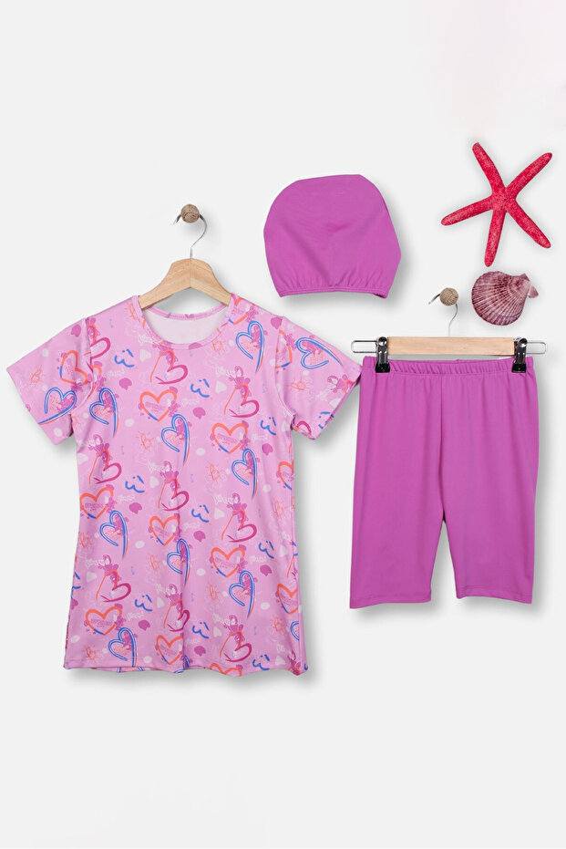 Heart Patterned Boned Girls' Triple Swimsuit Set