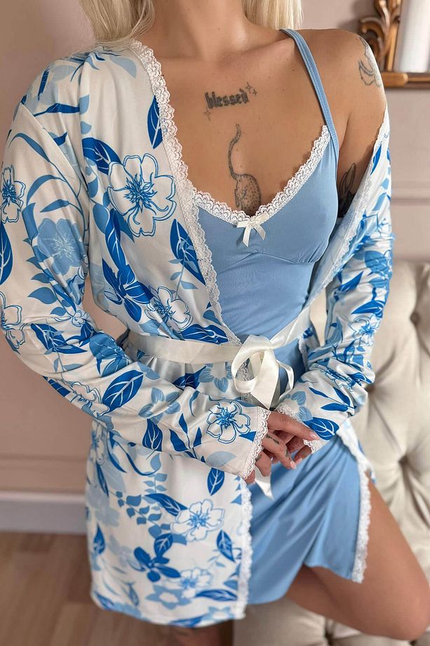 Mavi Noir Exclusive Örme Sabahlıklı Gecelik Kadın Pijama Takımı - 6