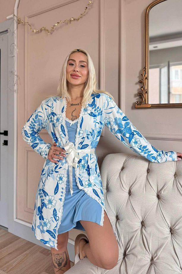 Mavi Noir Exclusive Örme Sabahlıklı Gecelik Kadın Pijama Takımı - 5